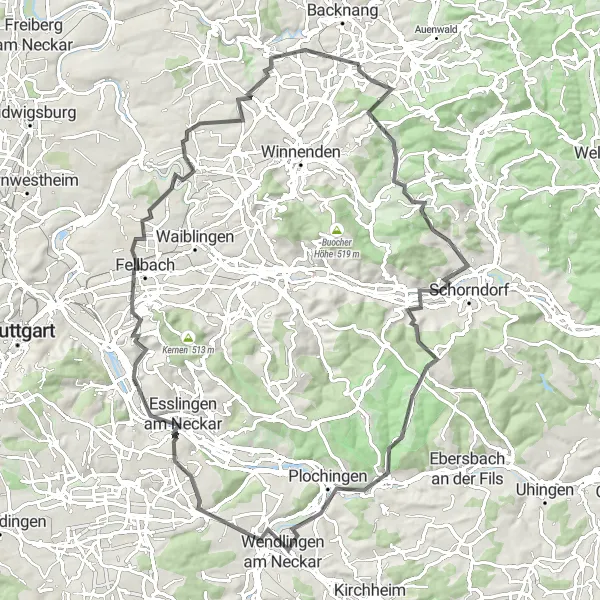 Karten-Miniaturansicht der Radinspiration "Vom Tal bis zur Aussichtsplattform - Road-Tour um Allmersbach" in Stuttgart, Germany. Erstellt vom Tarmacs.app-Routenplaner für Radtouren