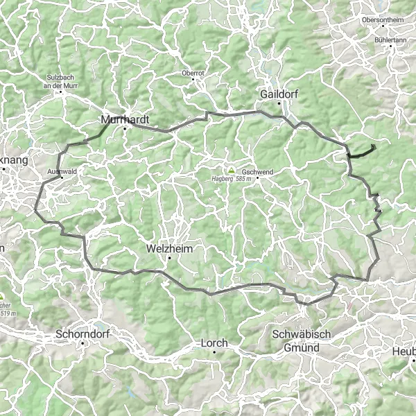 Map miniature of "Auenwald to Allmersbach im Tal Road Adventure" cycling inspiration in Stuttgart, Germany. Generated by Tarmacs.app cycling route planner