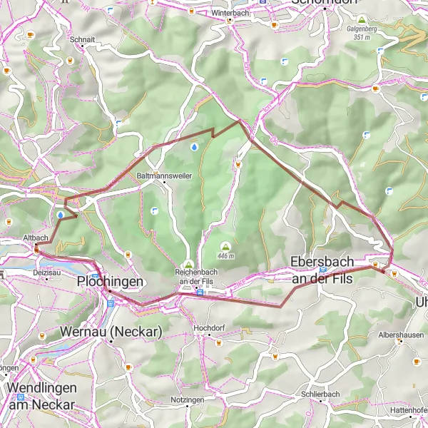 Karten-Miniaturansicht der Radinspiration "Gravel-Tour durch Altbach und Hohengehren" in Stuttgart, Germany. Erstellt vom Tarmacs.app-Routenplaner für Radtouren