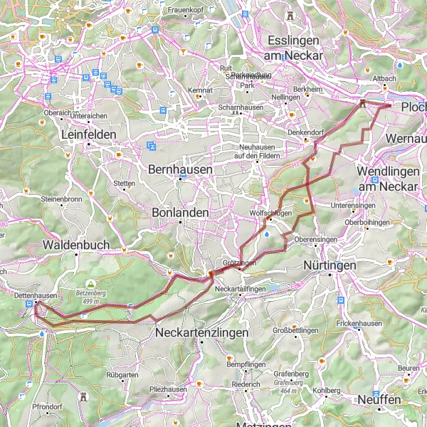 Karten-Miniaturansicht der Radinspiration "Panorama-Gravel-Runde von Wolfschlugen nach Köngen" in Stuttgart, Germany. Erstellt vom Tarmacs.app-Routenplaner für Radtouren