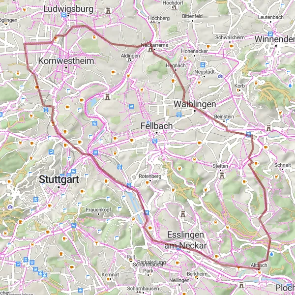 Karten-Miniaturansicht der Radinspiration "Gravel-Tour über 64 km" in Stuttgart, Germany. Erstellt vom Tarmacs.app-Routenplaner für Radtouren