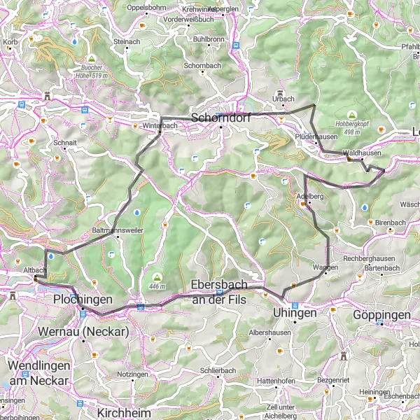 Karten-Miniaturansicht der Radinspiration "Fahrradroute durch Baltmannsweiler und Plüderhausen" in Stuttgart, Germany. Erstellt vom Tarmacs.app-Routenplaner für Radtouren
