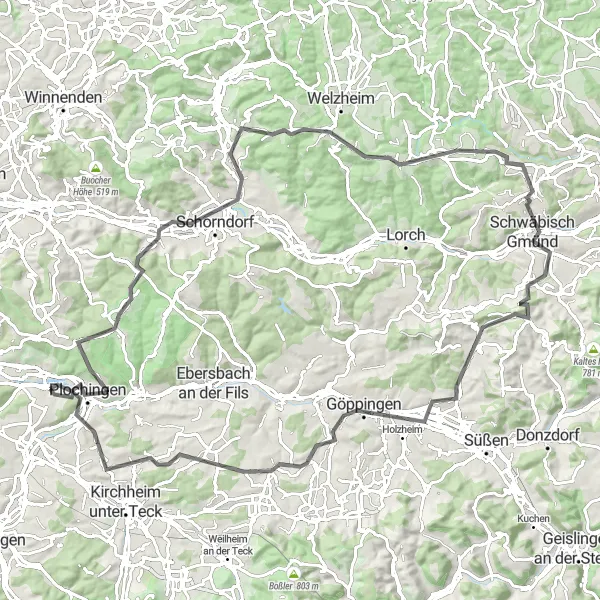 Karten-Miniaturansicht der Radinspiration "Panoramafahrt von Plochingen nach Göppingen" in Stuttgart, Germany. Erstellt vom Tarmacs.app-Routenplaner für Radtouren
