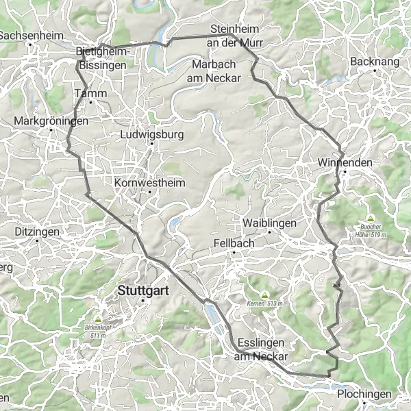 Karten-Miniaturansicht der Radinspiration "Road-Tour über 94 km" in Stuttgart, Germany. Erstellt vom Tarmacs.app-Routenplaner für Radtouren