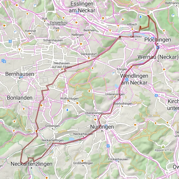 Karten-Miniaturansicht der Radinspiration "Rundtour durch Neuhausen und Nürtingen" in Stuttgart, Germany. Erstellt vom Tarmacs.app-Routenplaner für Radtouren