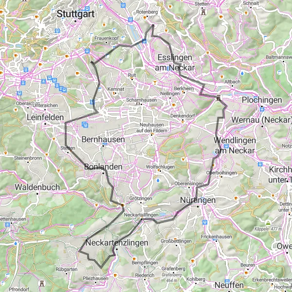 Karten-Miniaturansicht der Radinspiration "Panoramatour durch Ailenberg und Esslingen" in Stuttgart, Germany. Erstellt vom Tarmacs.app-Routenplaner für Radtouren