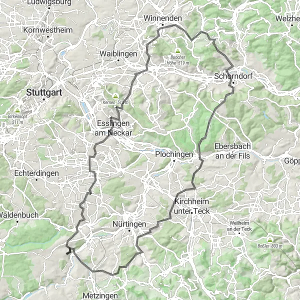 Karten-Miniaturansicht der Radinspiration "Erkundungstour durch die Filderebene" in Stuttgart, Germany. Erstellt vom Tarmacs.app-Routenplaner für Radtouren
