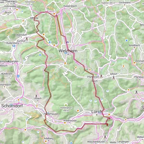 Map miniature of "Welzheim Adventure" cycling inspiration in Stuttgart, Germany. Generated by Tarmacs.app cycling route planner