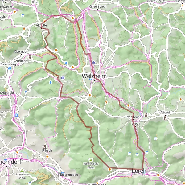 Map miniature of "Welzheim and Beyond" cycling inspiration in Stuttgart, Germany. Generated by Tarmacs.app cycling route planner