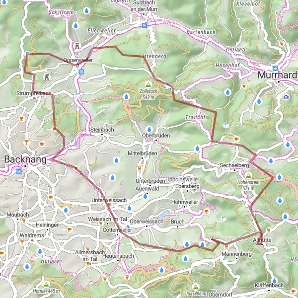 Karten-Miniaturansicht der Radinspiration "Graveltour Althütte - Oppenweiler" in Stuttgart, Germany. Erstellt vom Tarmacs.app-Routenplaner für Radtouren