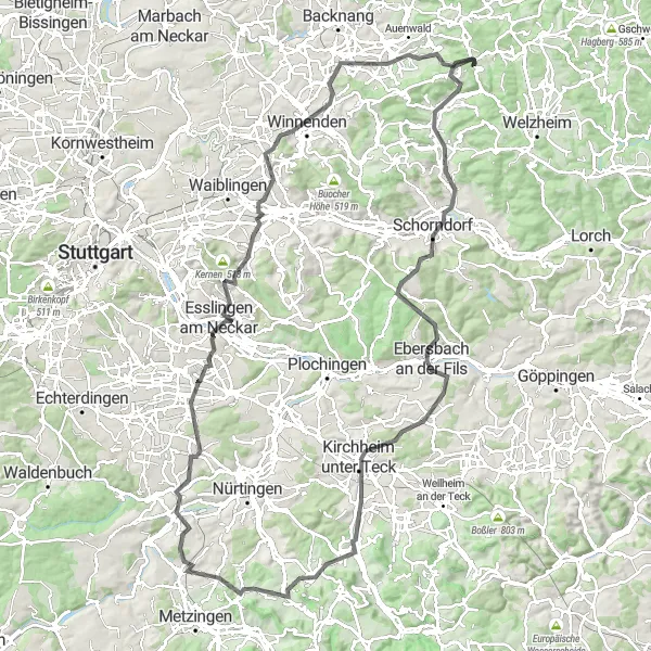 Map miniature of "The Scenic Hills" cycling inspiration in Stuttgart, Germany. Generated by Tarmacs.app cycling route planner