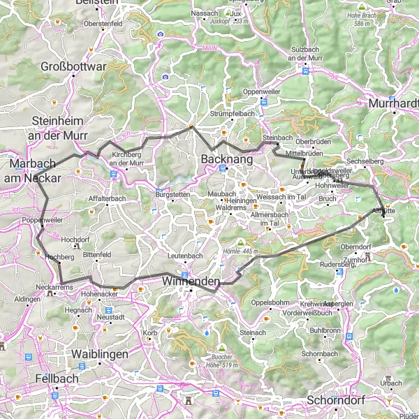 Karten-Miniaturansicht der Radinspiration "Rundtour Althütte - Marbach am Neckar" in Stuttgart, Germany. Erstellt vom Tarmacs.app-Routenplaner für Radtouren