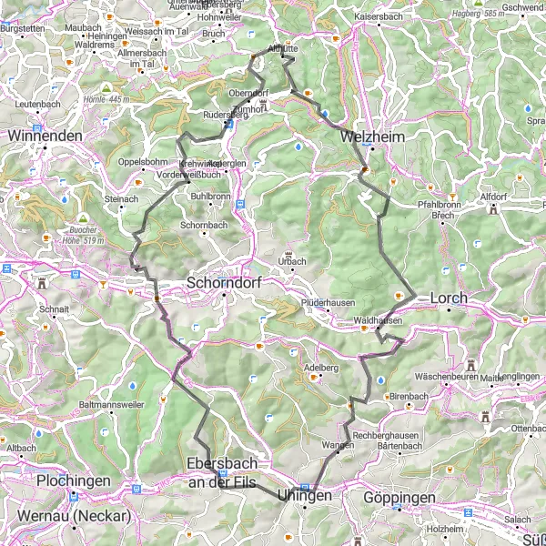 Map miniature of "The Strümpfelbach Adventure" cycling inspiration in Stuttgart, Germany. Generated by Tarmacs.app cycling route planner