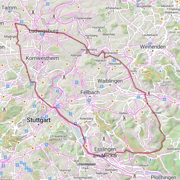 Map miniature of "Gravel Adventure to Hohenasperg" cycling inspiration in Stuttgart, Germany. Generated by Tarmacs.app cycling route planner