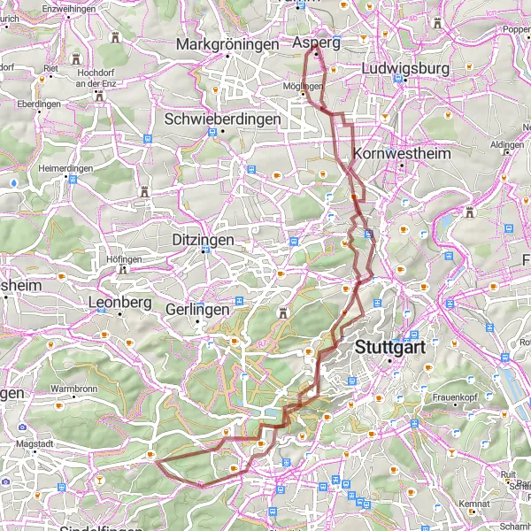 Map miniature of "Gravel Routes near Asperg" cycling inspiration in Stuttgart, Germany. Generated by Tarmacs.app cycling route planner