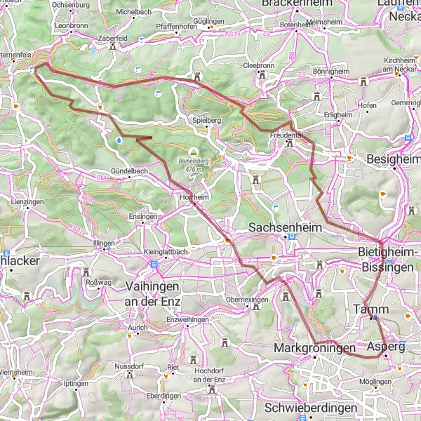 Map miniature of "Asperg to Rotenberg Circular Route" cycling inspiration in Stuttgart, Germany. Generated by Tarmacs.app cycling route planner