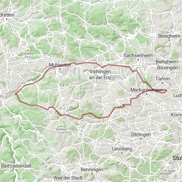 Map miniature of "Vineyard Trail" cycling inspiration in Stuttgart, Germany. Generated by Tarmacs.app cycling route planner