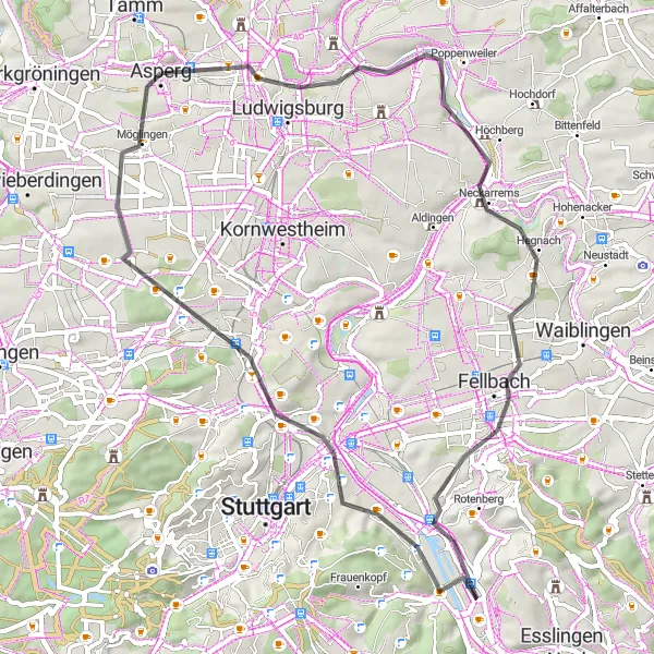 Karten-Miniaturansicht der Radinspiration "Radtour durch die Region um Asperg" in Stuttgart, Germany. Erstellt vom Tarmacs.app-Routenplaner für Radtouren