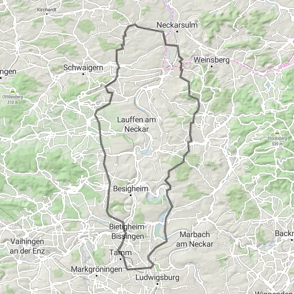 Karten-Miniaturansicht der Radinspiration "Radtour von Asperg zur Heuchelberger Warte und Monrepos Castle" in Stuttgart, Germany. Erstellt vom Tarmacs.app-Routenplaner für Radtouren