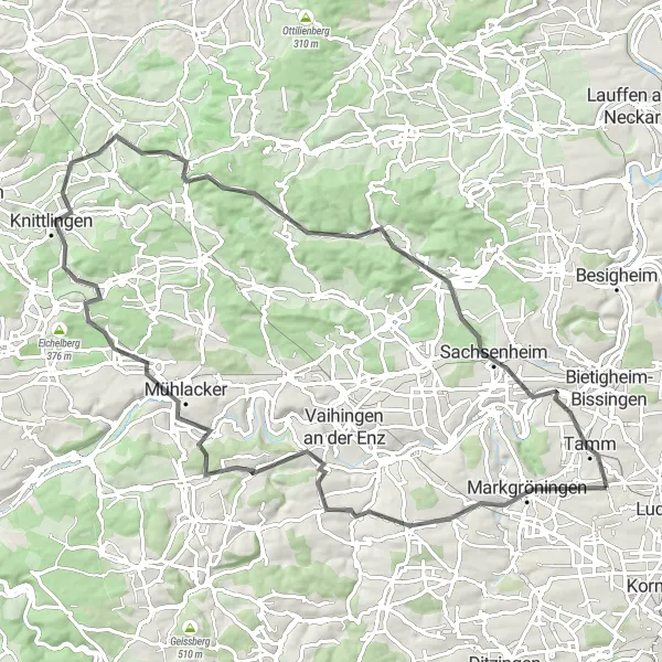 Karten-Miniaturansicht der Radinspiration "Rundtour um Asperg - Über Kupferhaldenkopf nach Sachsenheim" in Stuttgart, Germany. Erstellt vom Tarmacs.app-Routenplaner für Radtouren