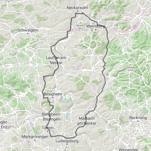 Map miniature of "Road Cycling Tour passing Bietigheim-Bissingen" cycling inspiration in Stuttgart, Germany. Generated by Tarmacs.app cycling route planner