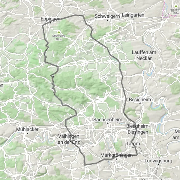 Karten-Miniaturansicht der Radinspiration "Herausfordernde Radtour durch das Umland von Asperg" in Stuttgart, Germany. Erstellt vom Tarmacs.app-Routenplaner für Radtouren