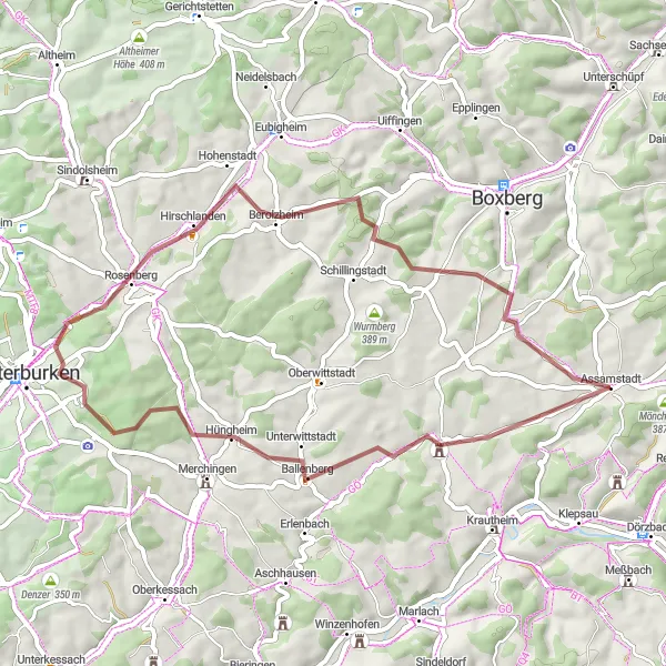 Karten-Miniaturansicht der Radinspiration "Faszinierende Gravel-Tour um Assamstadt" in Stuttgart, Germany. Erstellt vom Tarmacs.app-Routenplaner für Radtouren