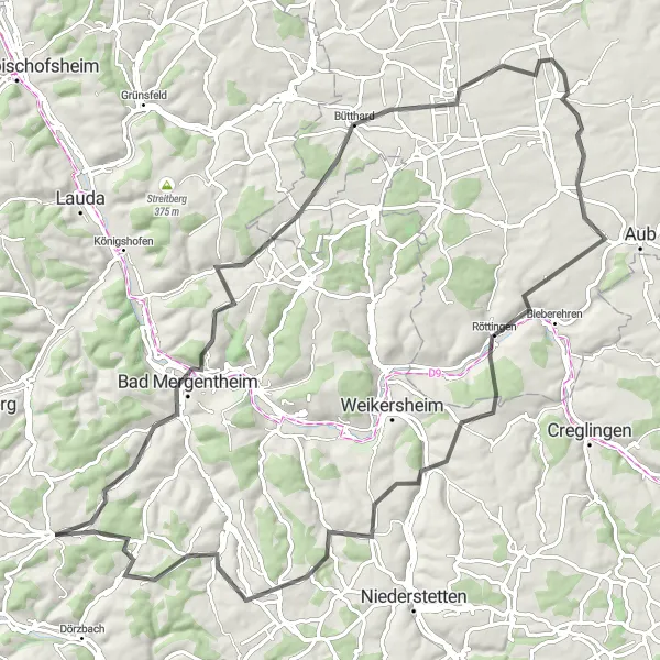 Karten-Miniaturansicht der Radinspiration "Hügelige Straßen rund um Assamstadt" in Stuttgart, Germany. Erstellt vom Tarmacs.app-Routenplaner für Radtouren