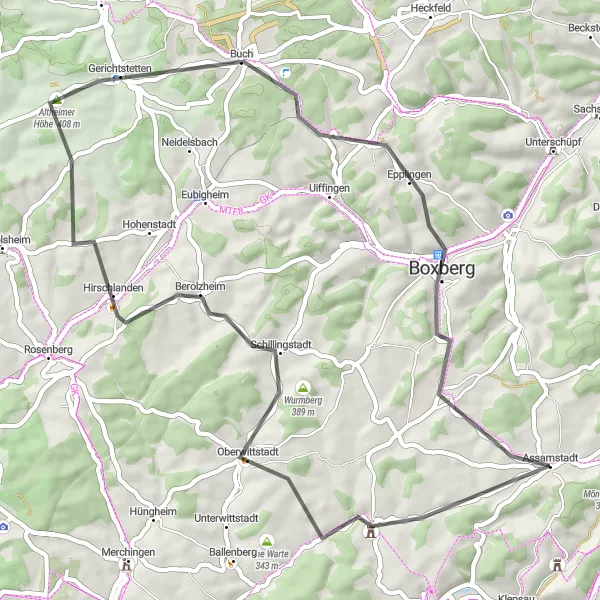 Karten-Miniaturansicht der Radinspiration "Rund um Assamstadt" in Stuttgart, Germany. Erstellt vom Tarmacs.app-Routenplaner für Radtouren