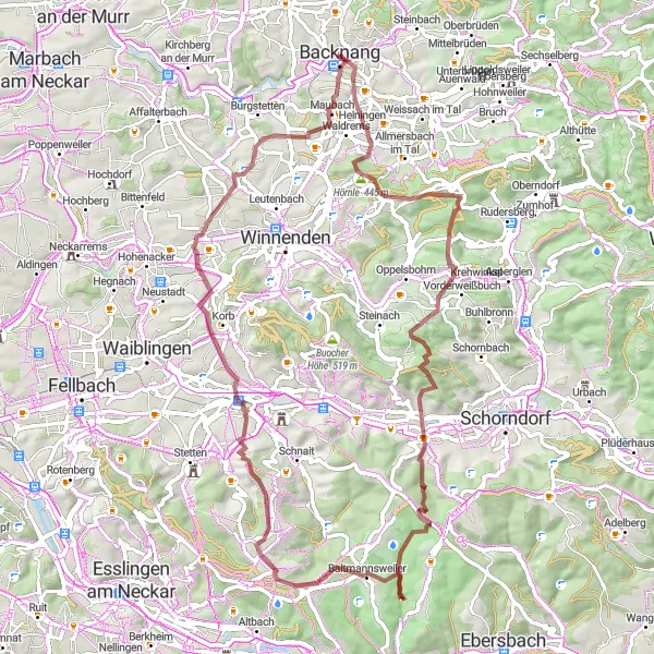 Map miniature of "Gravel Escapades and Hidden Gems" cycling inspiration in Stuttgart, Germany. Generated by Tarmacs.app cycling route planner