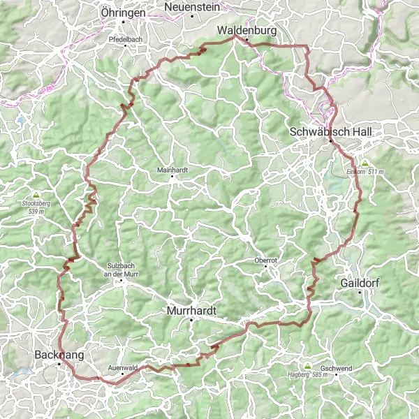 Karten-Miniaturansicht der Radinspiration "Große Gravel-Entdeckungstour um Backnang" in Stuttgart, Germany. Erstellt vom Tarmacs.app-Routenplaner für Radtouren
