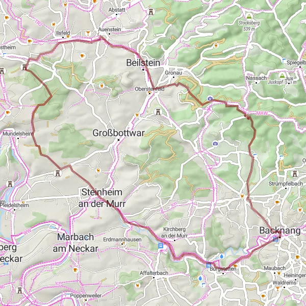 Map miniature of "Scenic Gravel Delights in Backnang" cycling inspiration in Stuttgart, Germany. Generated by Tarmacs.app cycling route planner
