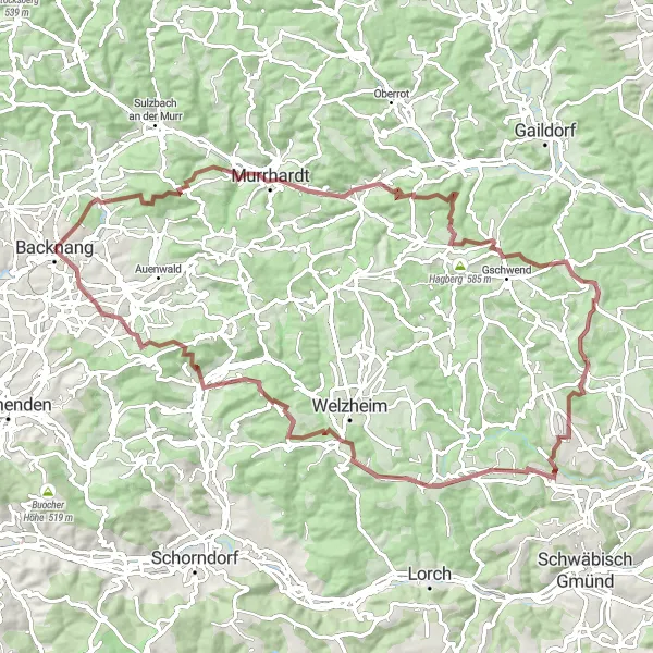 Map miniature of "Adventurous Gravel Ride with Backnang Finale" cycling inspiration in Stuttgart, Germany. Generated by Tarmacs.app cycling route planner