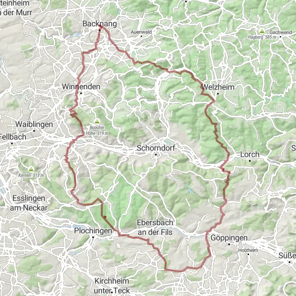 Map miniature of "Gravel Adventures and Medieval Charm" cycling inspiration in Stuttgart, Germany. Generated by Tarmacs.app cycling route planner