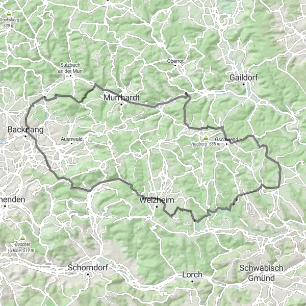 Map miniature of "Two Counties and Seven Highlights" cycling inspiration in Stuttgart, Germany. Generated by Tarmacs.app cycling route planner
