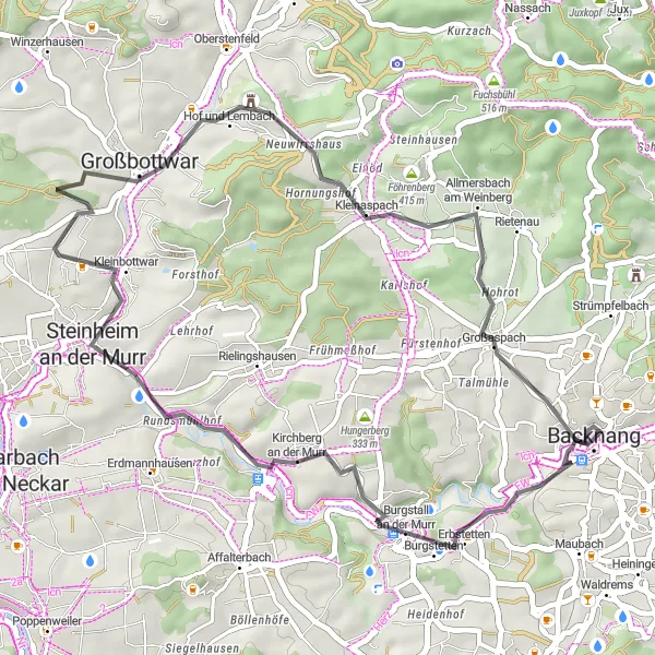 Map miniature of "Picturesque Road Ride through Backnang's Surroundings" cycling inspiration in Stuttgart, Germany. Generated by Tarmacs.app cycling route planner