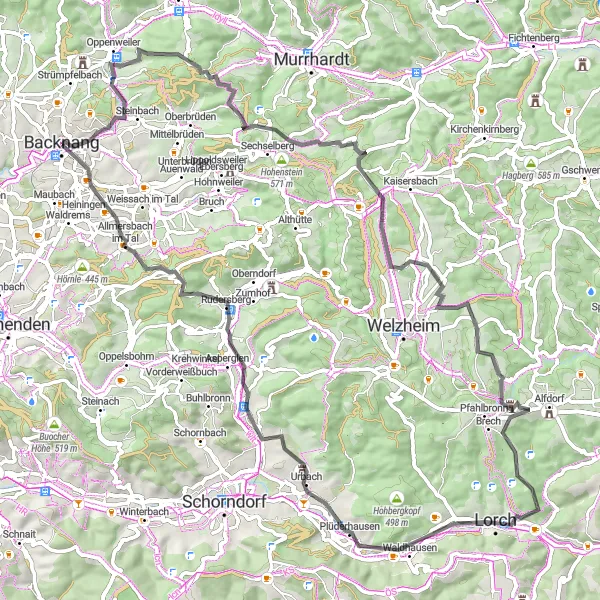 Karten-Miniaturansicht der Radinspiration "Road-Bike-Abenteuer um Backnang" in Stuttgart, Germany. Erstellt vom Tarmacs.app-Routenplaner für Radtouren
