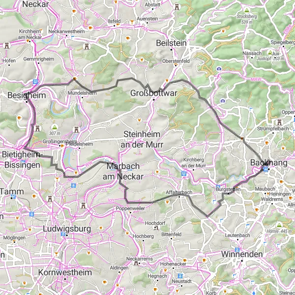Map miniature of "Backnang to Backnang" cycling inspiration in Stuttgart, Germany. Generated by Tarmacs.app cycling route planner