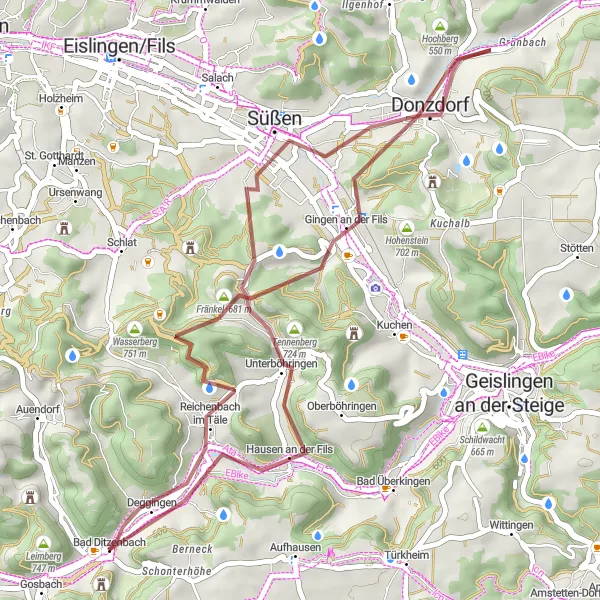 Map miniature of "Gravel Route to Bad Ditzenbach and Beyond" cycling inspiration in Stuttgart, Germany. Generated by Tarmacs.app cycling route planner