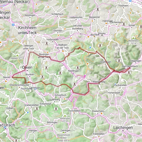 Map miniature of "Grueling Gravel Challenge from Bad Ditzenbach" cycling inspiration in Stuttgart, Germany. Generated by Tarmacs.app cycling route planner
