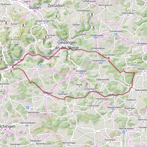 Map miniature of "Gravel Adventure near Bad Ditzenbach" cycling inspiration in Stuttgart, Germany. Generated by Tarmacs.app cycling route planner