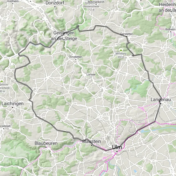 Map miniature of "Road Cycling Adventure to Ulm" cycling inspiration in Stuttgart, Germany. Generated by Tarmacs.app cycling route planner