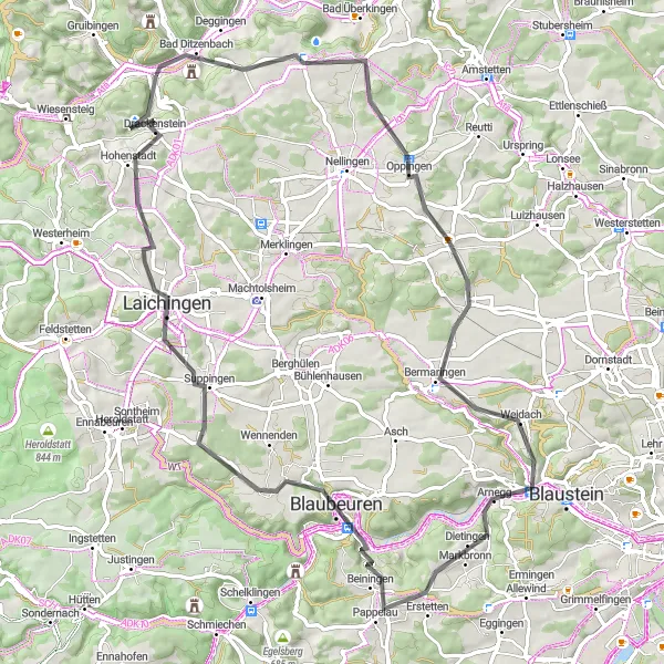 Map miniature of "Road Adventure from Bad Ditzenbach" cycling inspiration in Stuttgart, Germany. Generated by Tarmacs.app cycling route planner