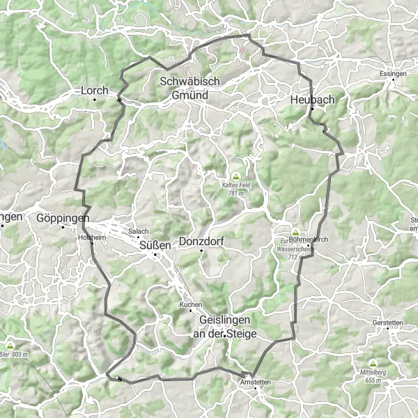 Map miniature of "Scenic Countryside Ride from Bad Ditzenbach" cycling inspiration in Stuttgart, Germany. Generated by Tarmacs.app cycling route planner
