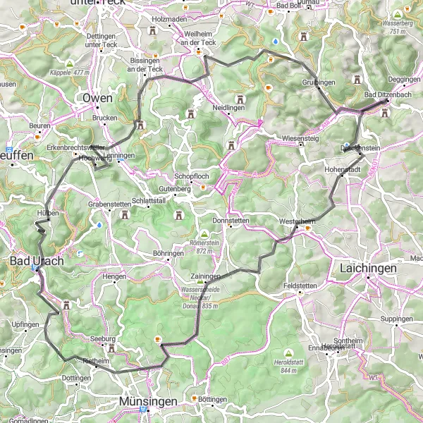 Map miniature of "The Swabian Hills and Historic Towns" cycling inspiration in Stuttgart, Germany. Generated by Tarmacs.app cycling route planner