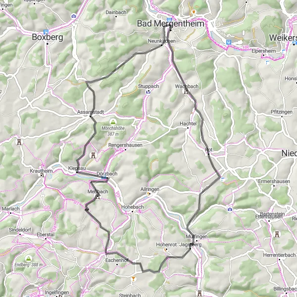 Karten-Miniaturansicht der Radinspiration "Naturerlebnis entlang der Jagst" in Stuttgart, Germany. Erstellt vom Tarmacs.app-Routenplaner für Radtouren