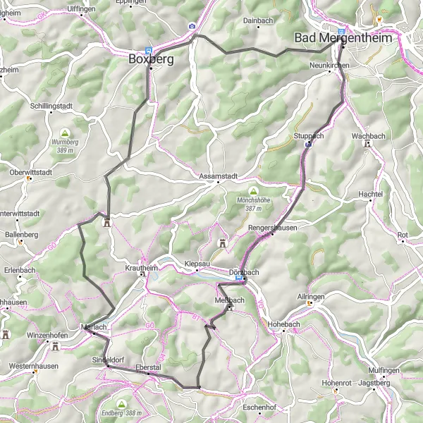 Karten-Miniaturansicht der Radinspiration "Kultur und Natur in der Umgebung von Bad Mergentheim" in Stuttgart, Germany. Erstellt vom Tarmacs.app-Routenplaner für Radtouren