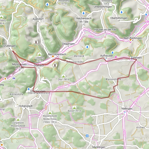 Karten-Miniaturansicht der Radinspiration "Einfache Schottertour nach Drackenstein" in Stuttgart, Germany. Erstellt vom Tarmacs.app-Routenplaner für Radtouren