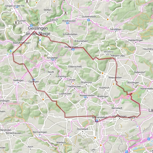 Map miniature of "Gravel Adventure through Historical Landscapes" cycling inspiration in Stuttgart, Germany. Generated by Tarmacs.app cycling route planner