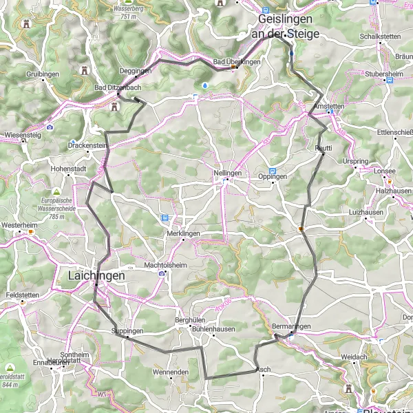 Karten-Miniaturansicht der Radinspiration "Rundtour um Geislingen an der Steige" in Stuttgart, Germany. Erstellt vom Tarmacs.app-Routenplaner für Radtouren
